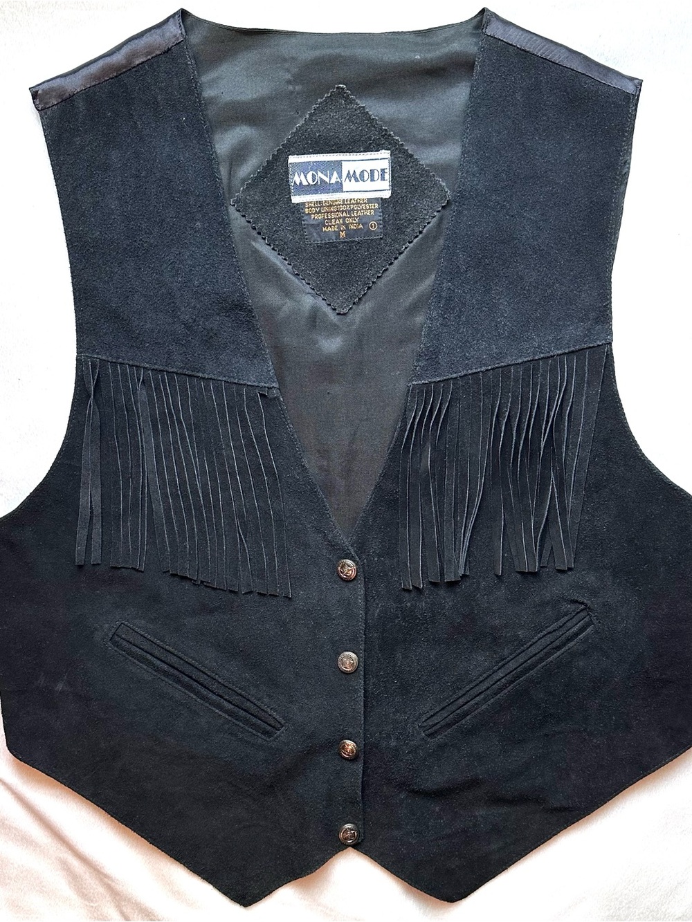 Vintage Mona Mode Genuine Leather Black Fringe Tassel Button Vest M Pockets